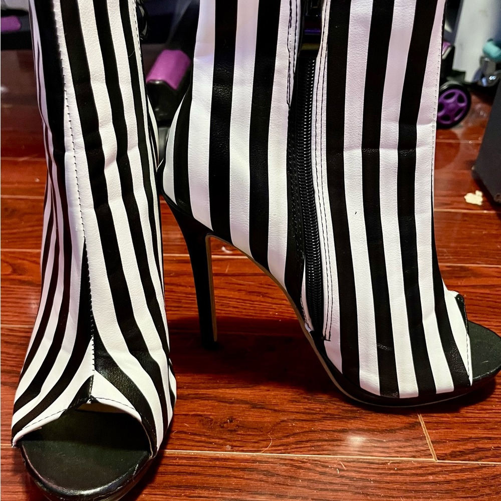 Striped Black & White Peep-Toe Ankle Booties